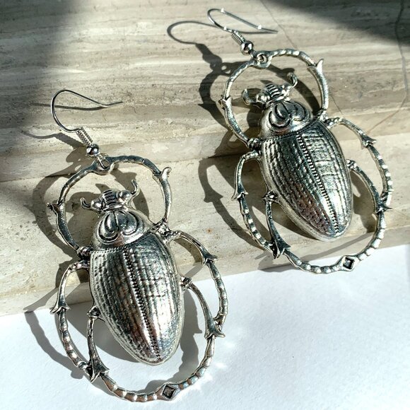 Silver Beetle Bug Drop Earrings — NWT - Picture 1 of 5